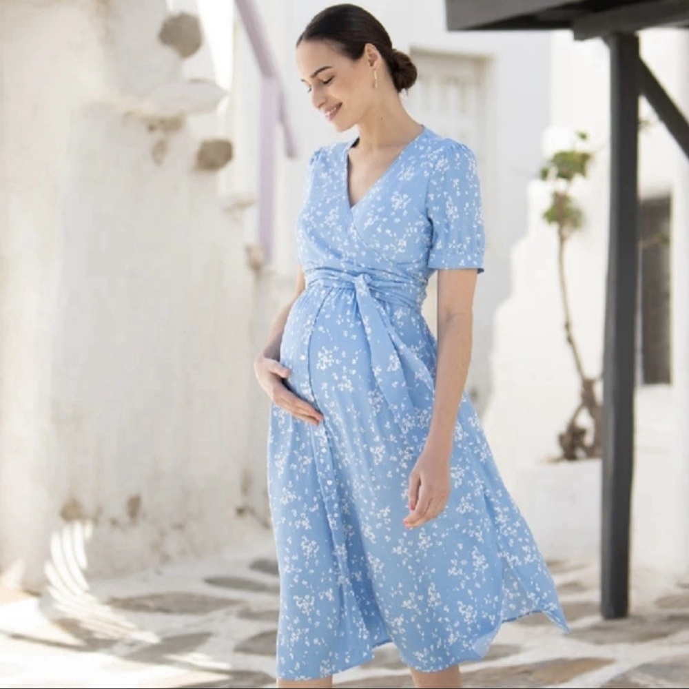 Blue Seraphine maternity and nursing floral midi dress